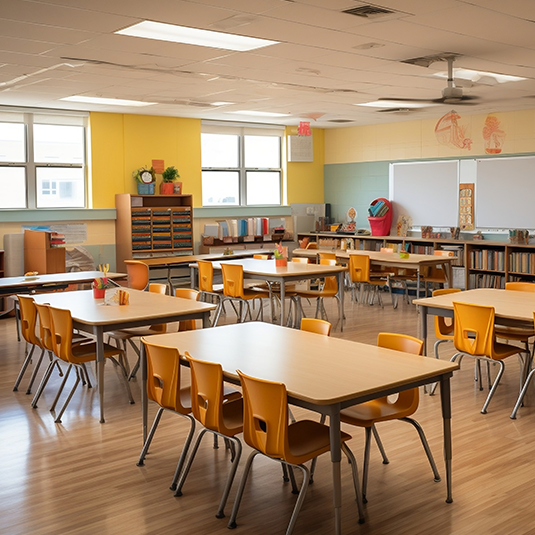Salle de classe vide, où sont disposées plusieurs tables accompagnées de quatre à six chaises chacune.